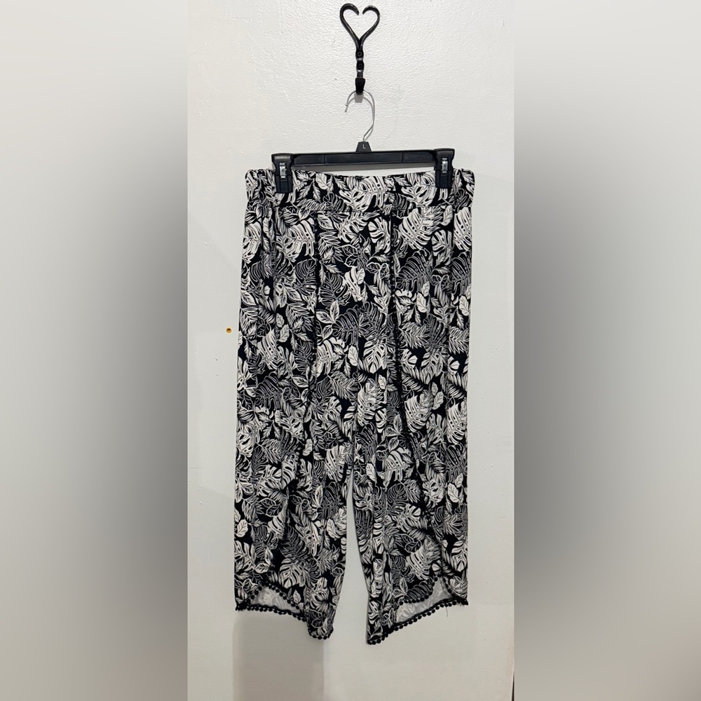 Sabrina Lauren Black & White Tropical Print Wide-Leg Pants Cute Fringe